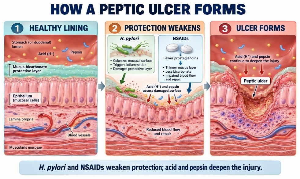 How a peptic ulcer forms